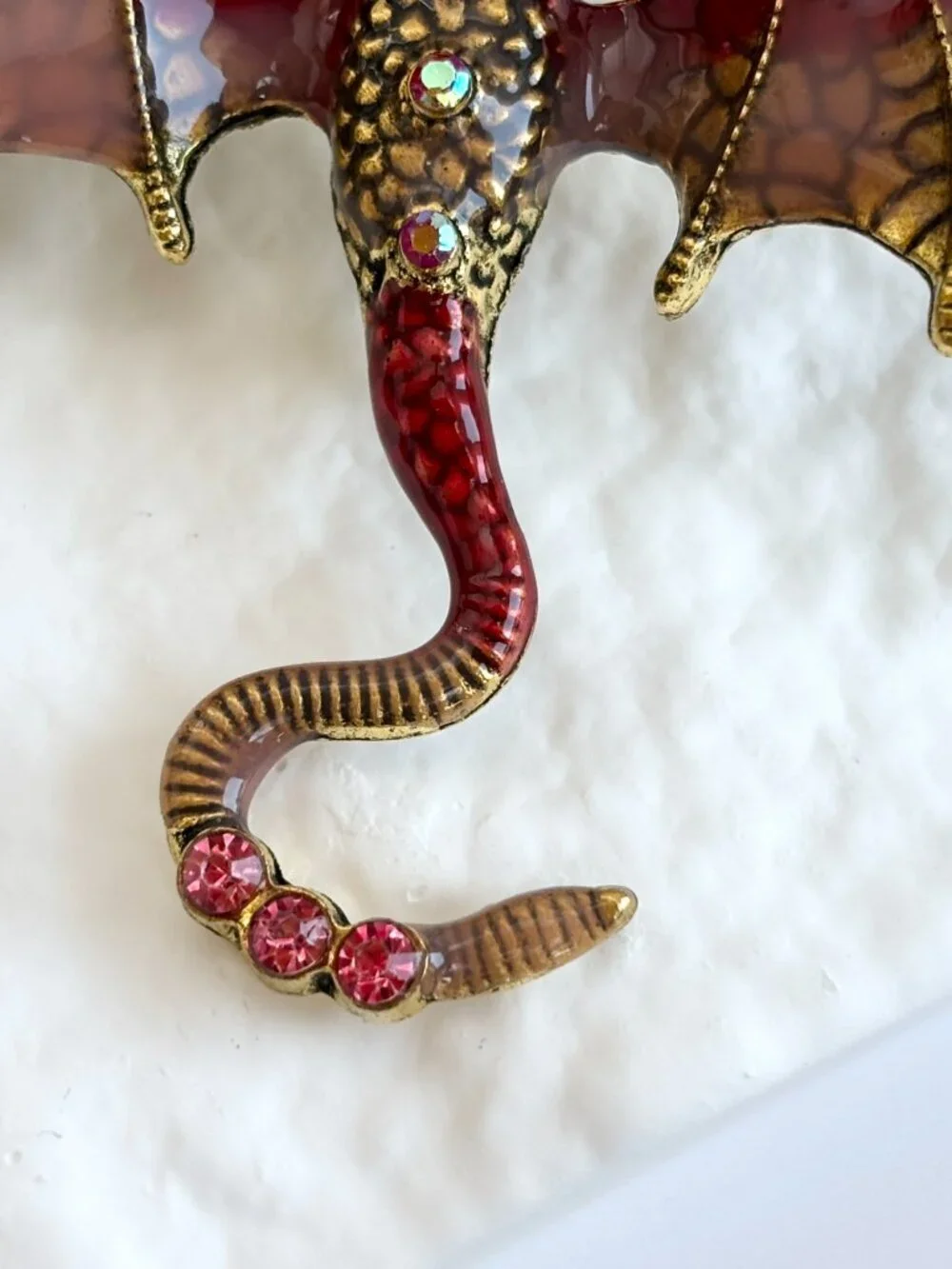 Flying Dragon Figural Red Winged Enameled Rhinestone Ornate Textured Brooch Pin